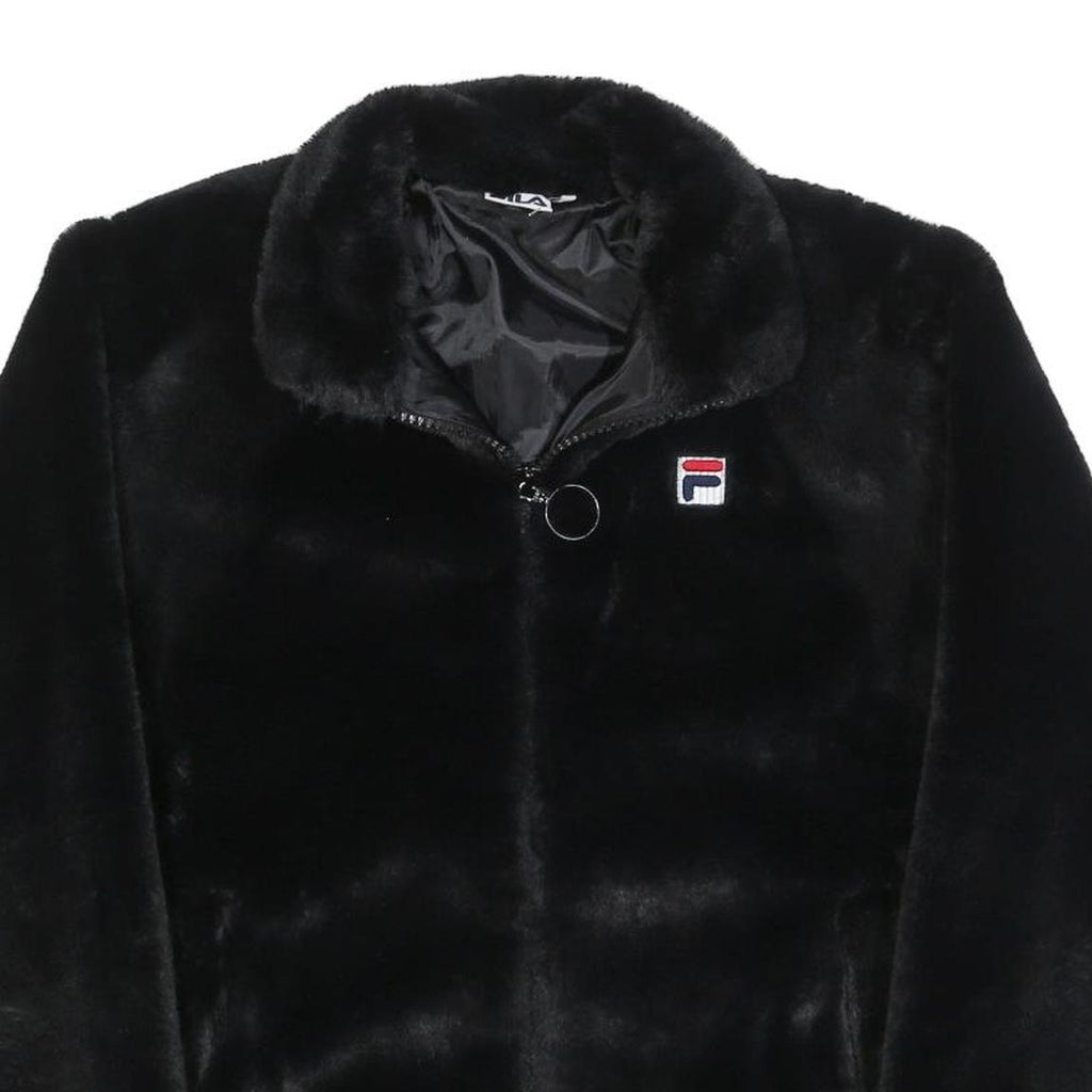 FILA Womens Black Faux Fur Jacket M Polyester Blend Zip Logo Casual