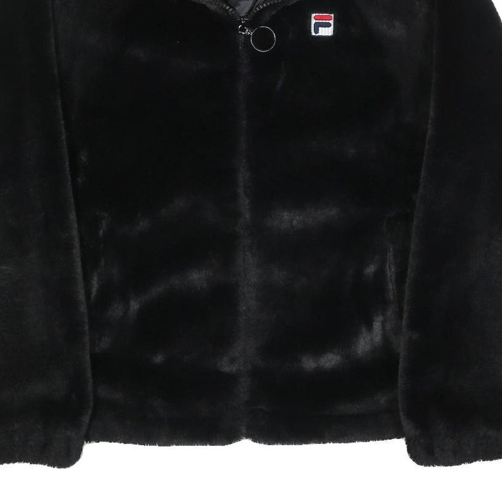 FILA Womens Black Faux Fur Jacket M Polyester Blend Zip Logo Casual