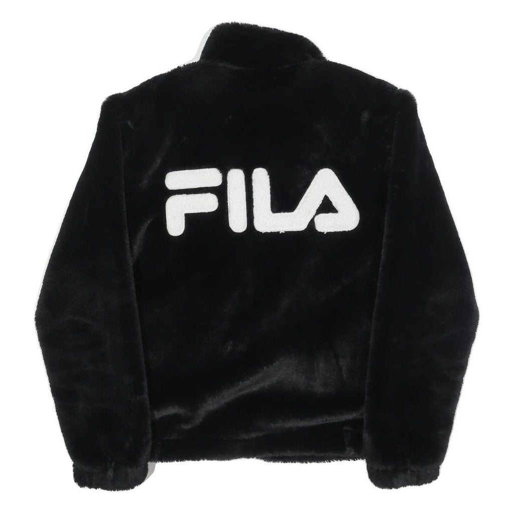 FILA Womens Black Faux Fur Jacket M Polyester Blend Zip Logo Casual