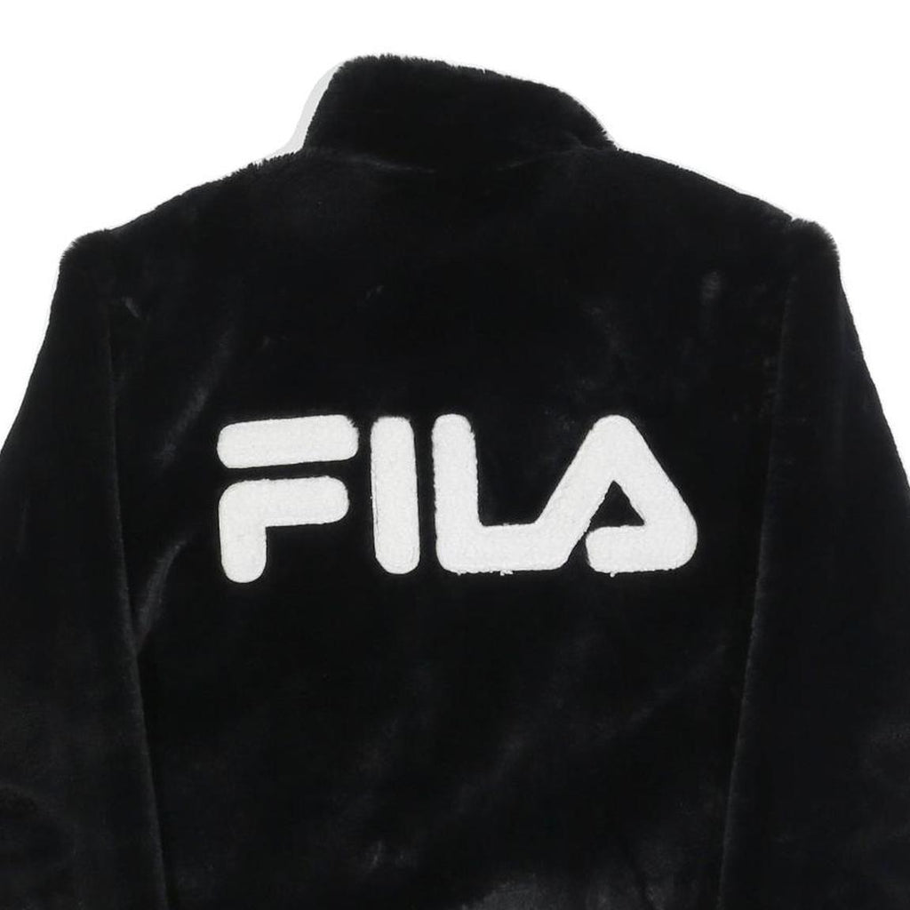 FILA Womens Black Faux Fur Jacket M Polyester Blend Zip Logo Casual