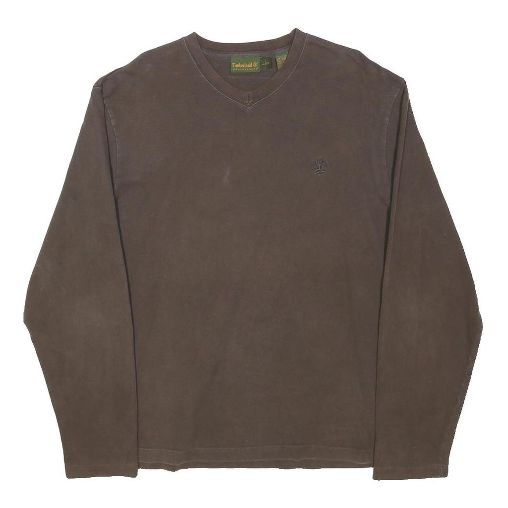 TIMBERLAND Mens Brown Long Sleeve V-Neck Plain T-Shirt L Cotton Jersey Casual