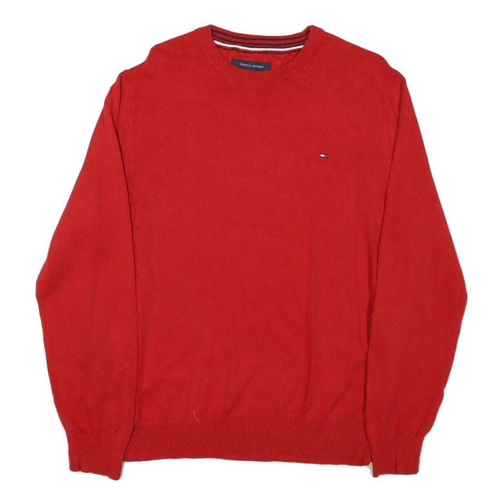 TOMMY HILFIGER Mens Red Plain Cotton Blend Pullover Crew Neck Jumper M Classic