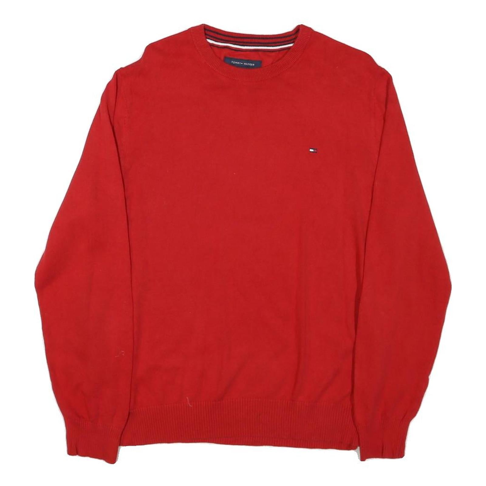 TOMMY HILFIGER Mens Red Plain Cotton Blend Pullover Crew Neck Jumper M Classic