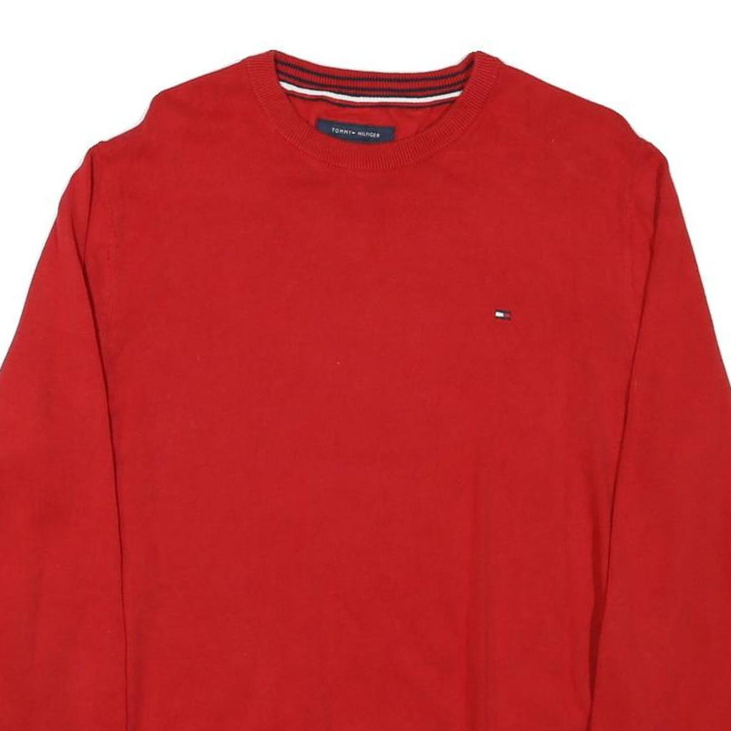 TOMMY HILFIGER Mens Red Plain Cotton Blend Pullover Crew Neck Jumper M Classic