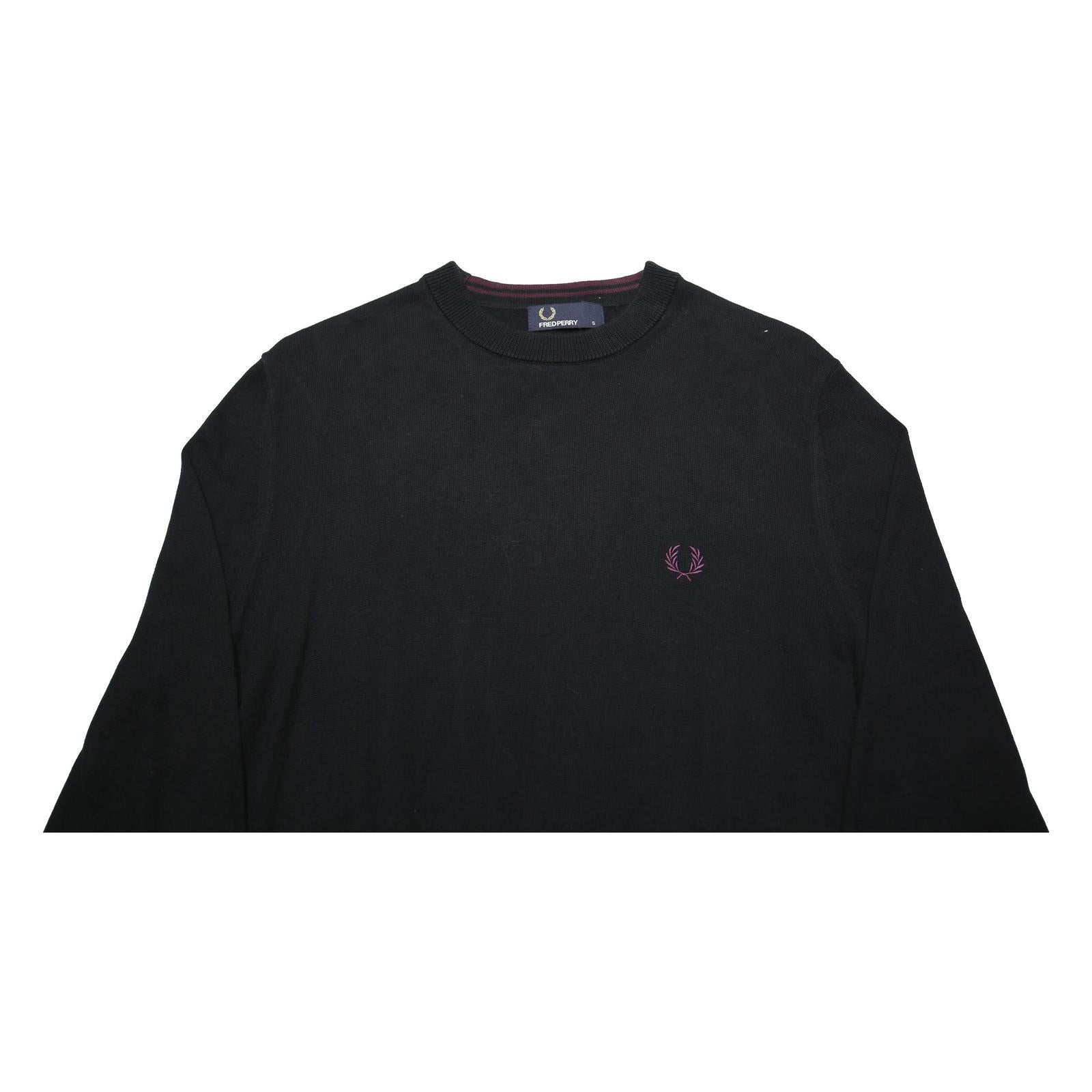 FRED PERRY Mens Black Plain Cotton Crew Neck Basic Knit Jumper S Classic