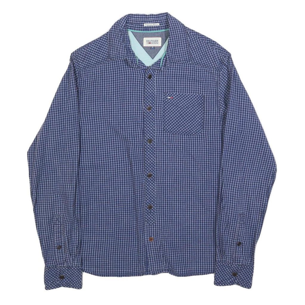 TOMMY HILFIGER Mens Blue Check Shirt S Cotton Blend Casual Button Down Long