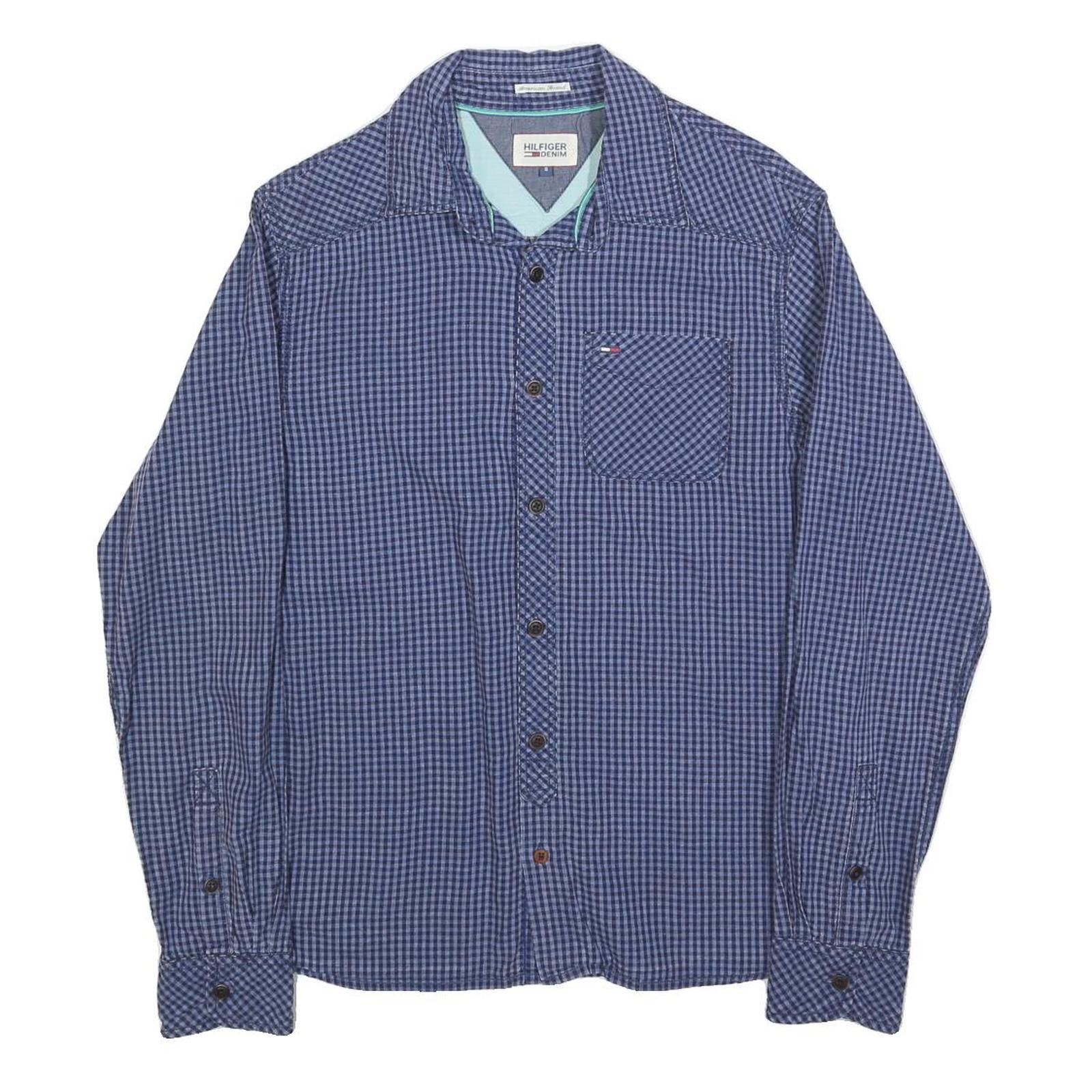 TOMMY HILFIGER Mens Blue Check Shirt S Cotton Blend Casual Button Down Long