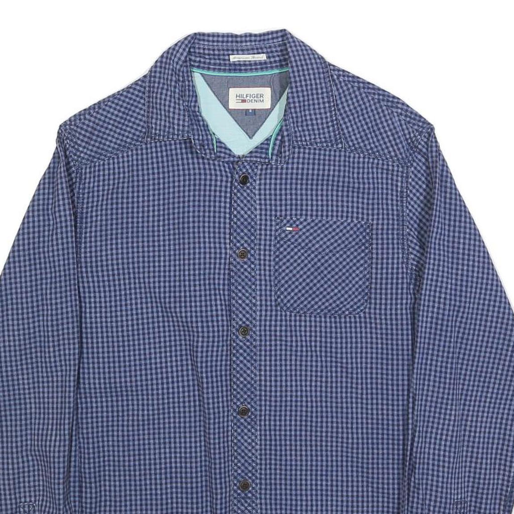 TOMMY HILFIGER Mens Blue Check Shirt S Cotton Blend Casual Button Down Long