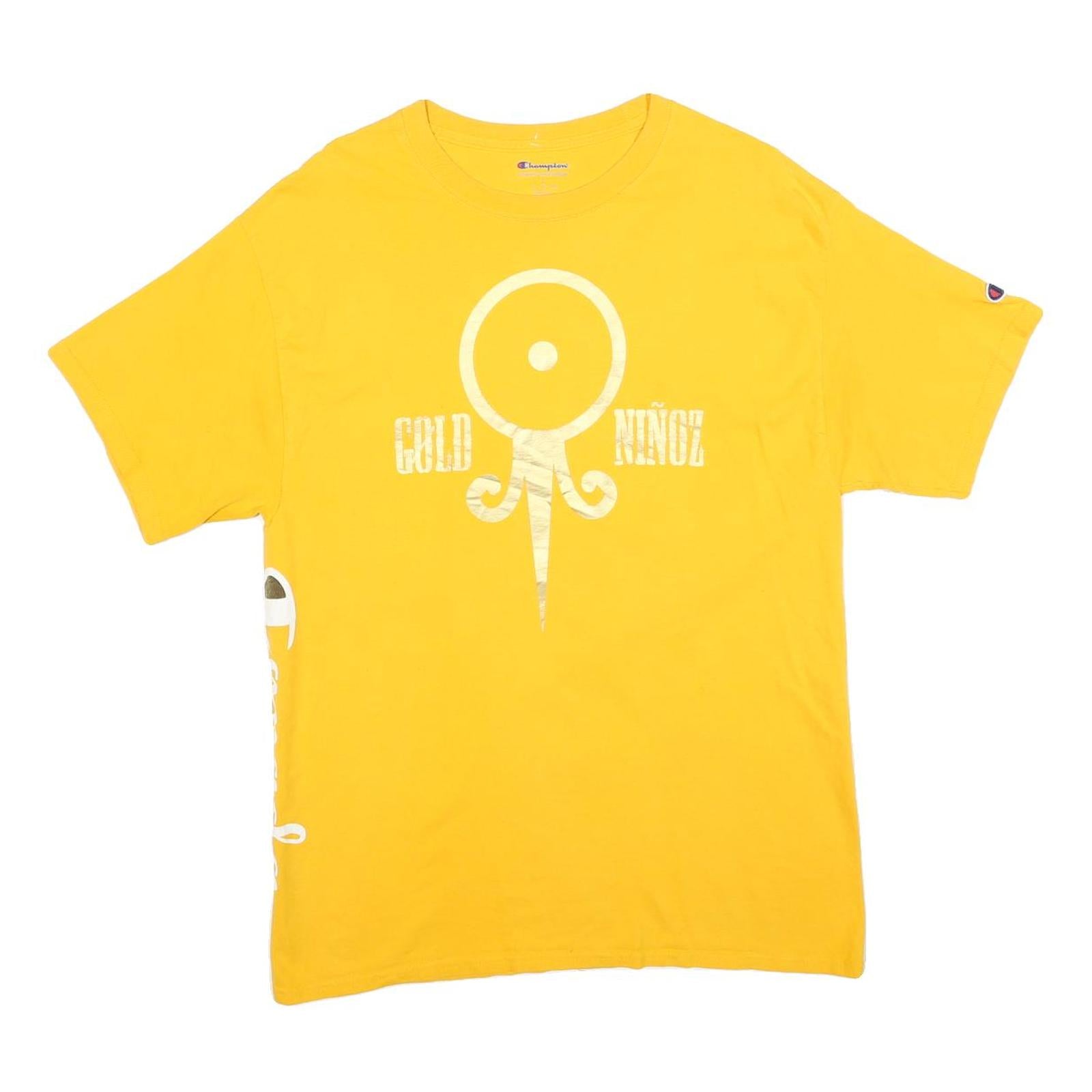 CHAMPION Mens Yellow Gold Niñoz Graphic T-Shirt L Short Sleeve Crew Neck Cotton