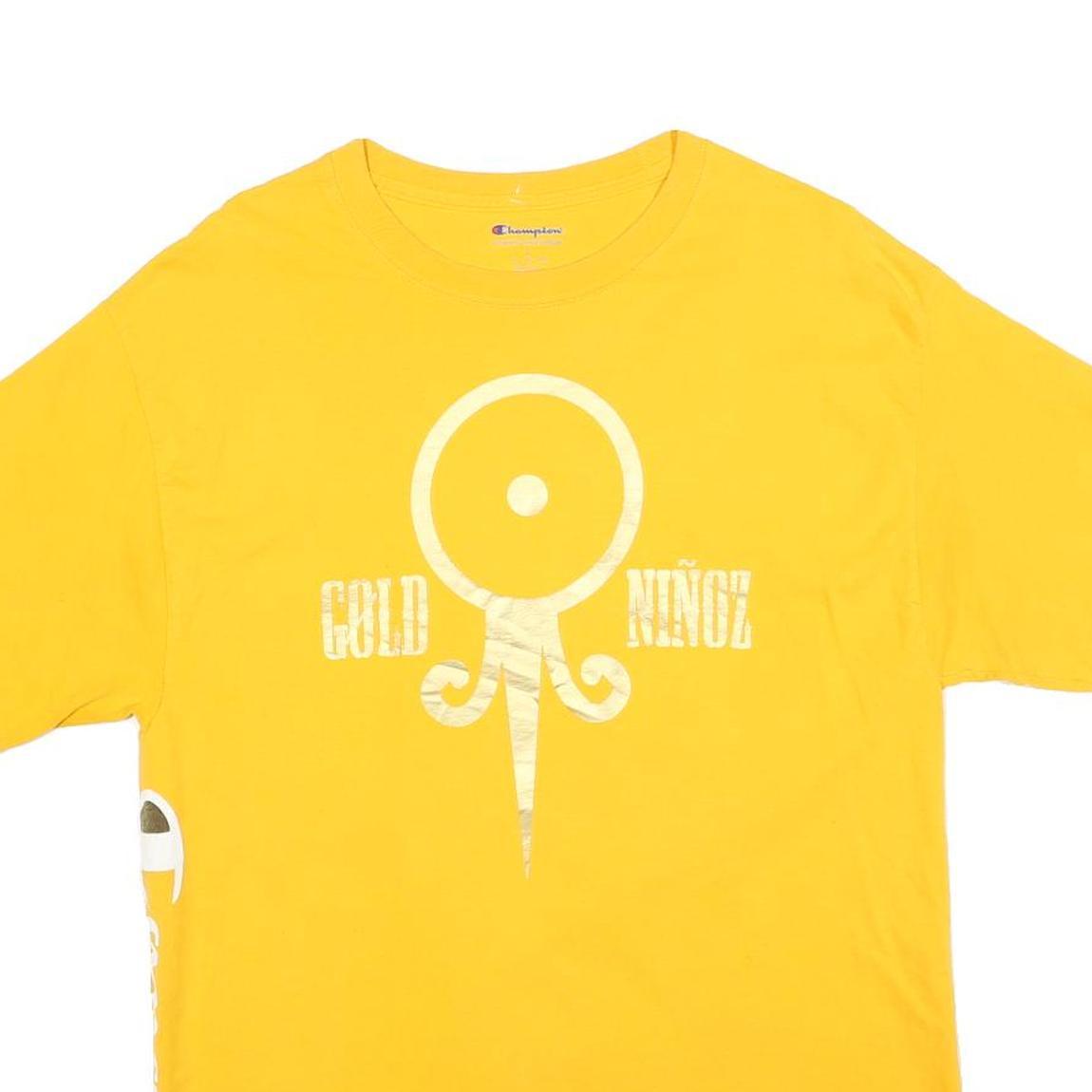 CHAMPION Mens Yellow Gold Niñoz Graphic T-Shirt L Short Sleeve Crew Neck Cotton