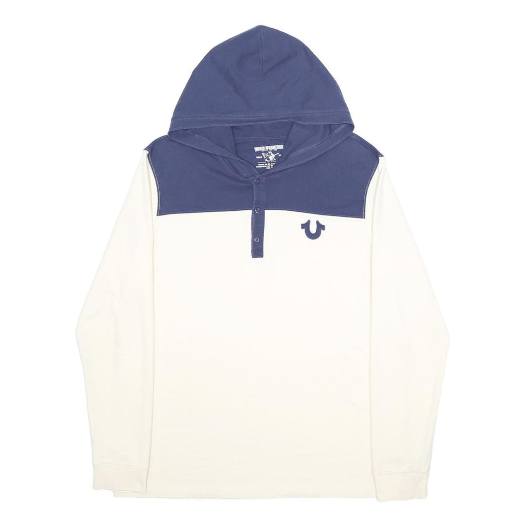 TRUE RELIGION Mens Blue & White Hoodie 2XL Cotton Blend Long Sleeve Pullover