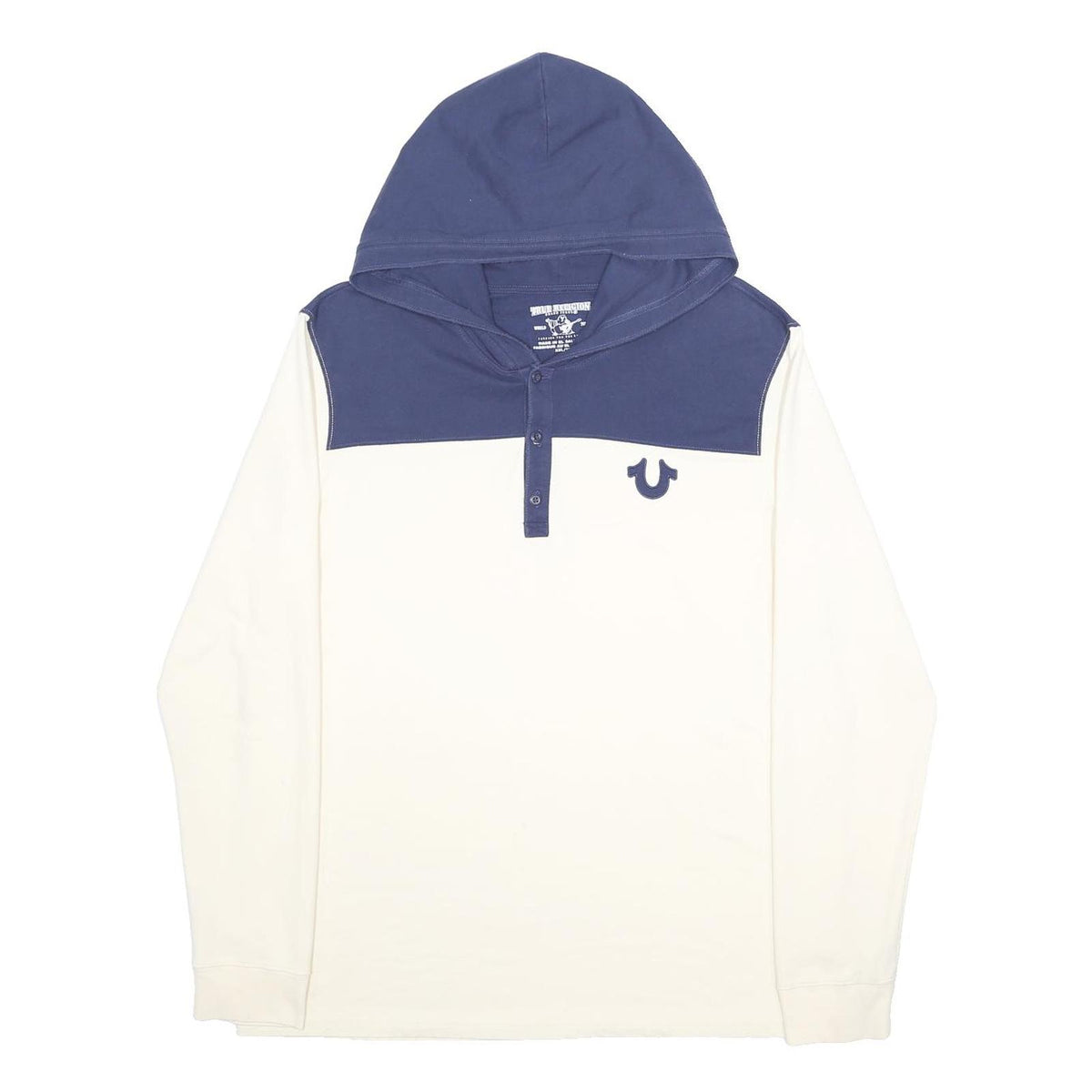 TRUE RELIGION Mens Blue & White Hoodie 2XL Cotton Blend Long Sleeve Pullover