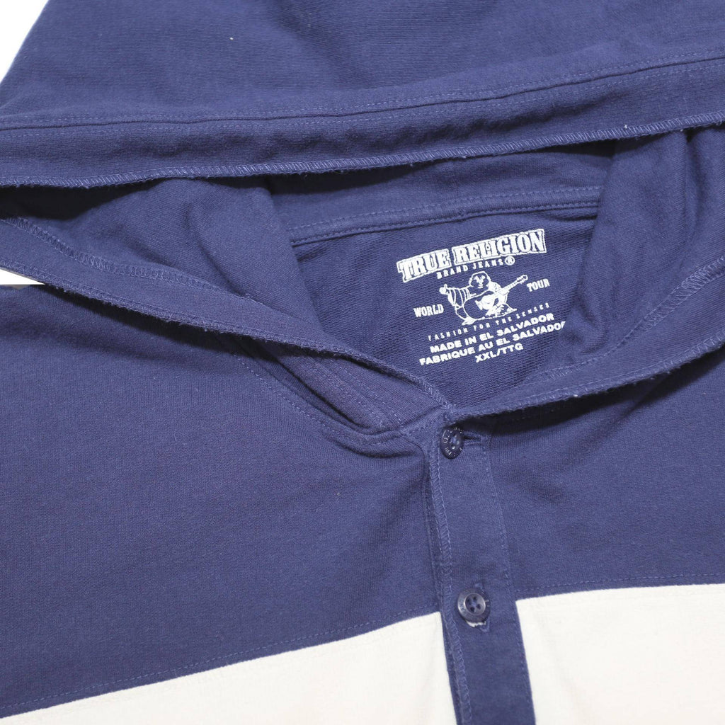 TRUE RELIGION Mens Blue & White Hoodie 2XL Cotton Blend Long Sleeve Pullover