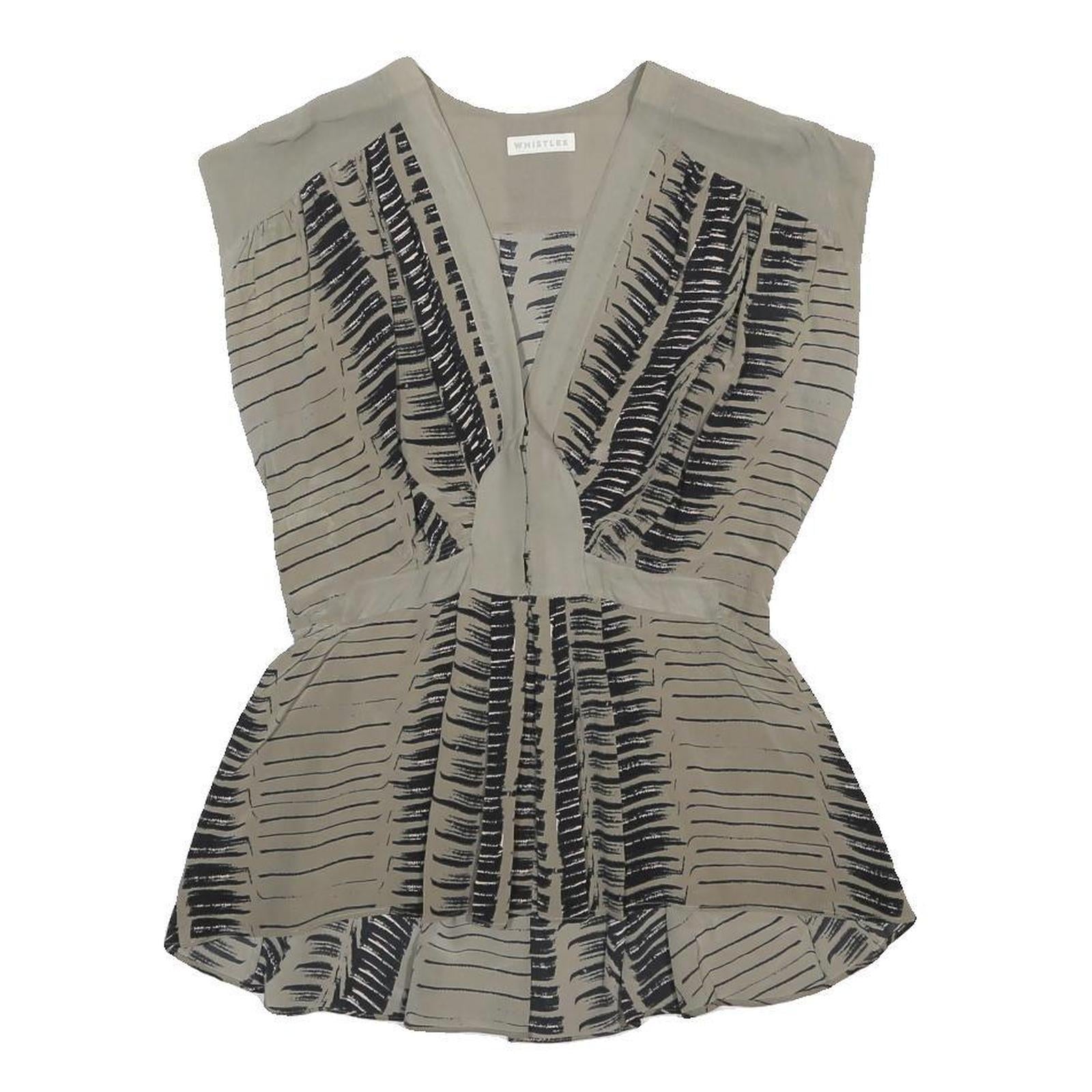 WHISTLES Womens Grey & Black Printed Silk Blouse Sleeveless V-Neck UK 12