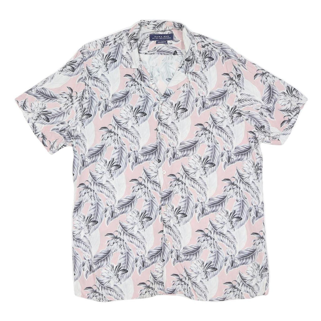 Mens Pink & Grey Floral Pattern Cotton Shirt Size L Casual Summer Short Sleeve