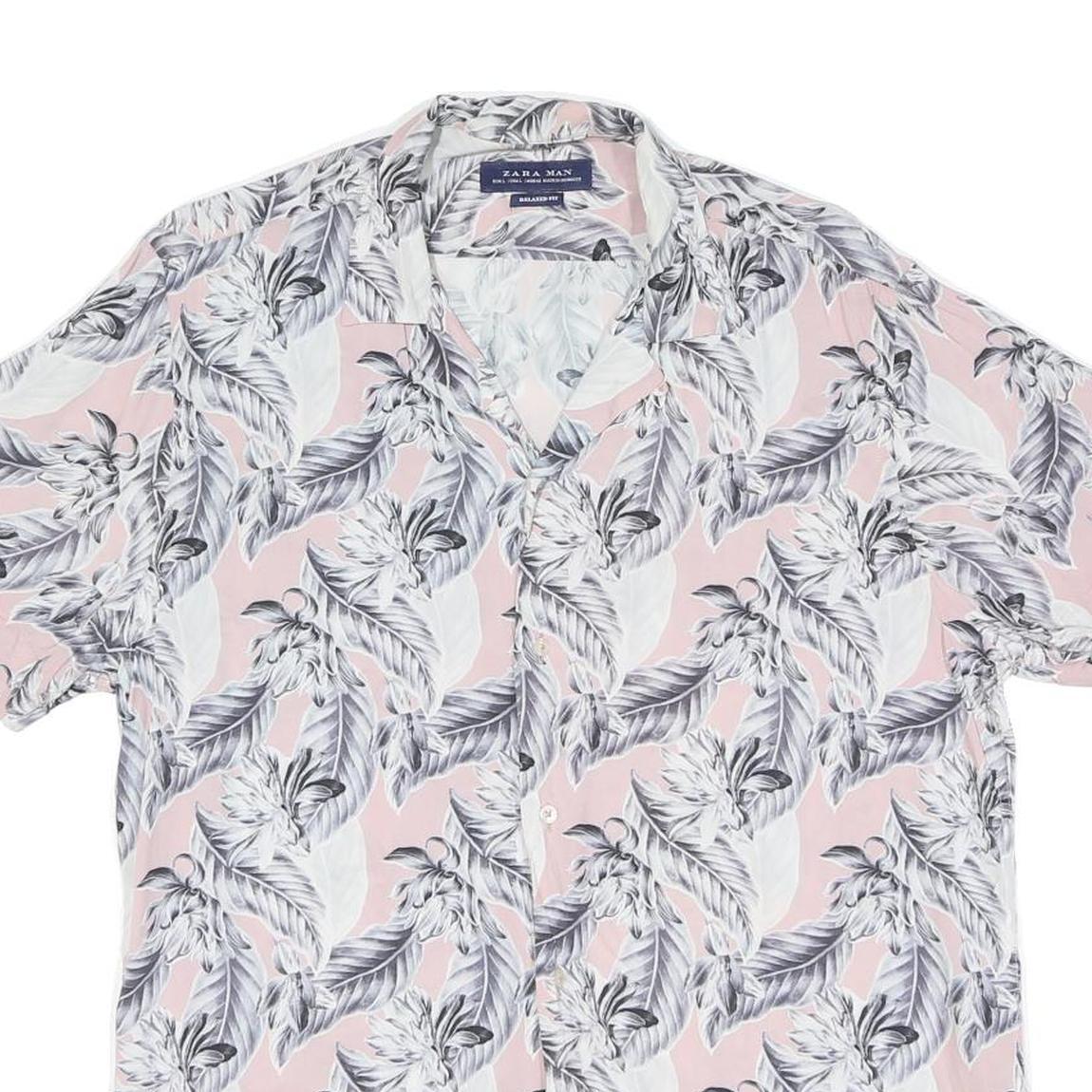 Mens Pink & Grey Floral Pattern Cotton Shirt Size L Casual Summer Short Sleeve