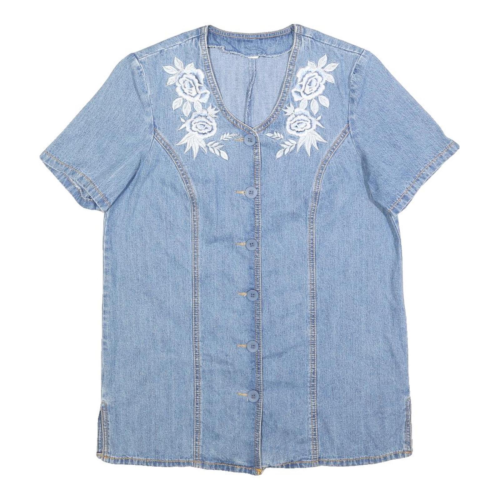 Womens Blue Denim Plain Top Short Sleeve V Neck Button Front L