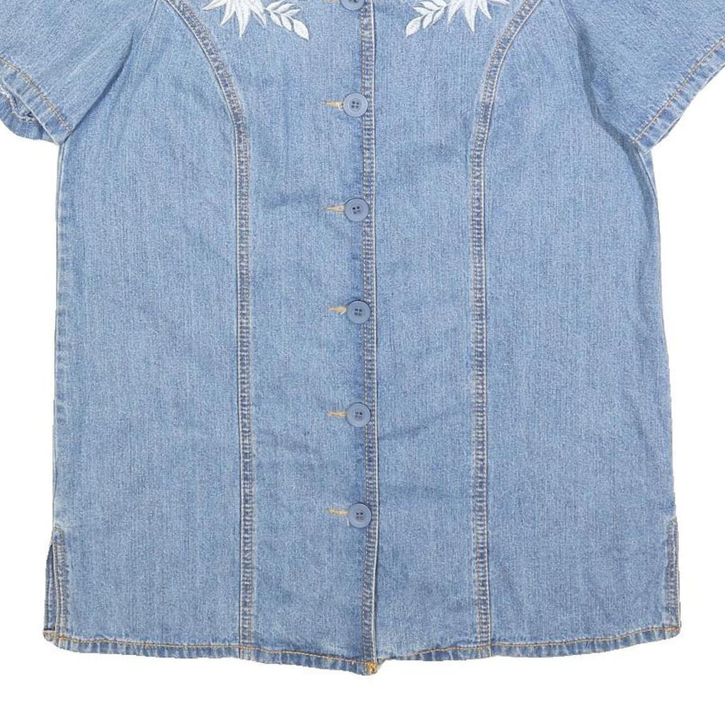 Womens Blue Denim Plain Top Short Sleeve V Neck Button Front L