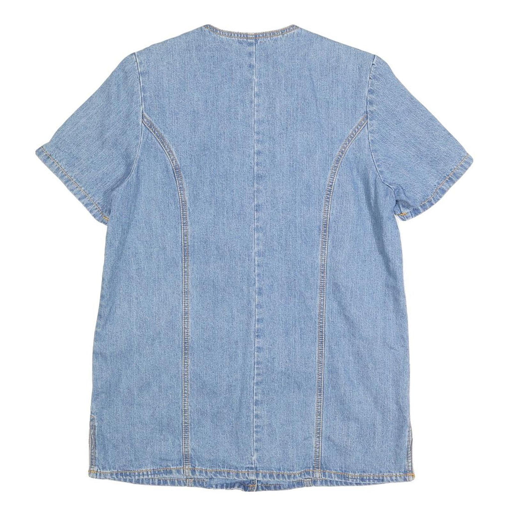 Womens Blue Denim Plain Top Short Sleeve V Neck Button Front L