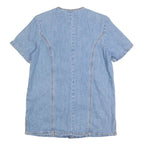 Womens Blue Denim Plain Top Short Sleeve V Neck Button Front L