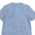 Womens Blue Denim Plain Top Short Sleeve V Neck Button Front L