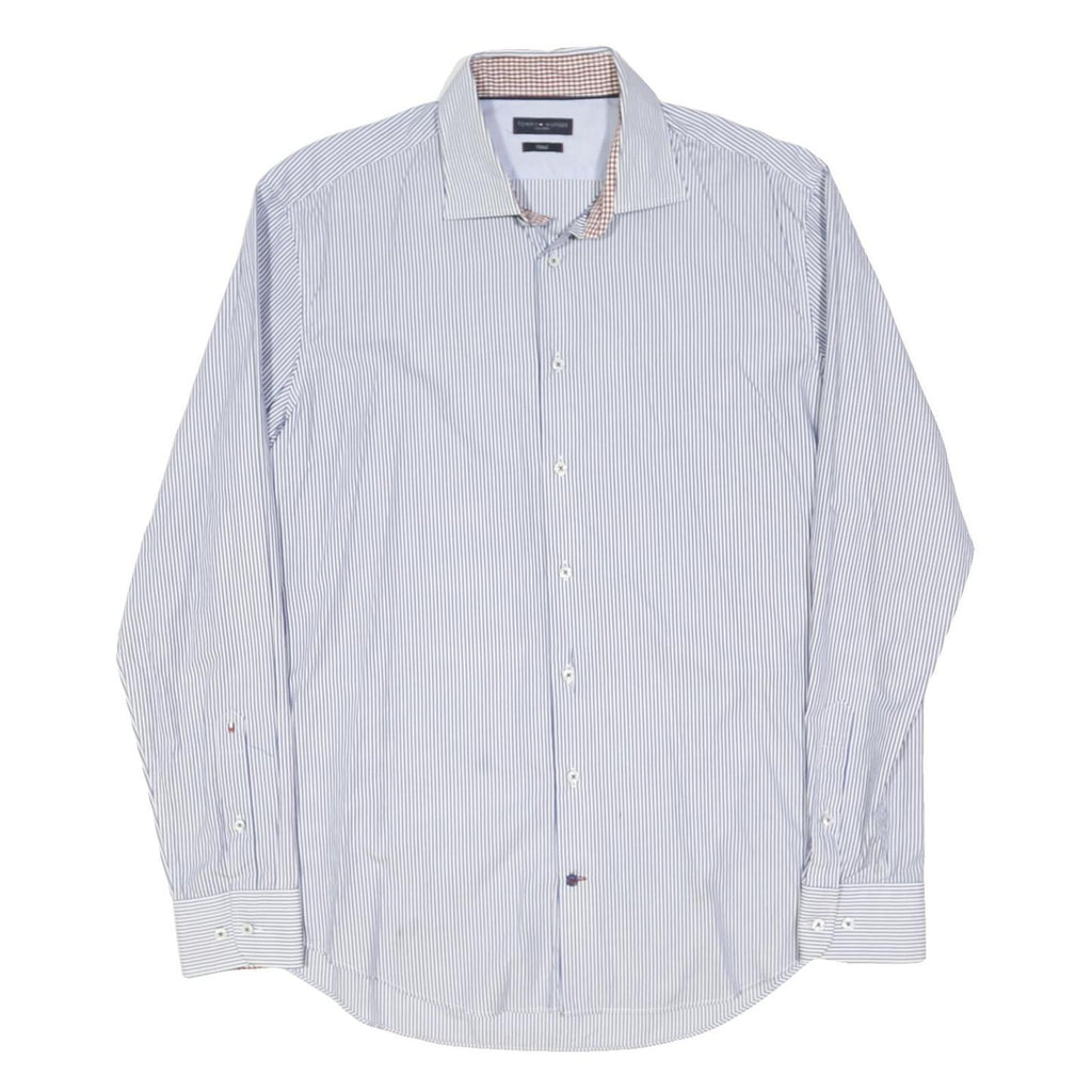 TOMMY HILFIGER Mens Blue & White Striped Shirt L Cotton Blend Classic Fit Long
