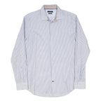 TOMMY HILFIGER Mens Blue & White Striped Shirt L Cotton Blend Classic Fit Long