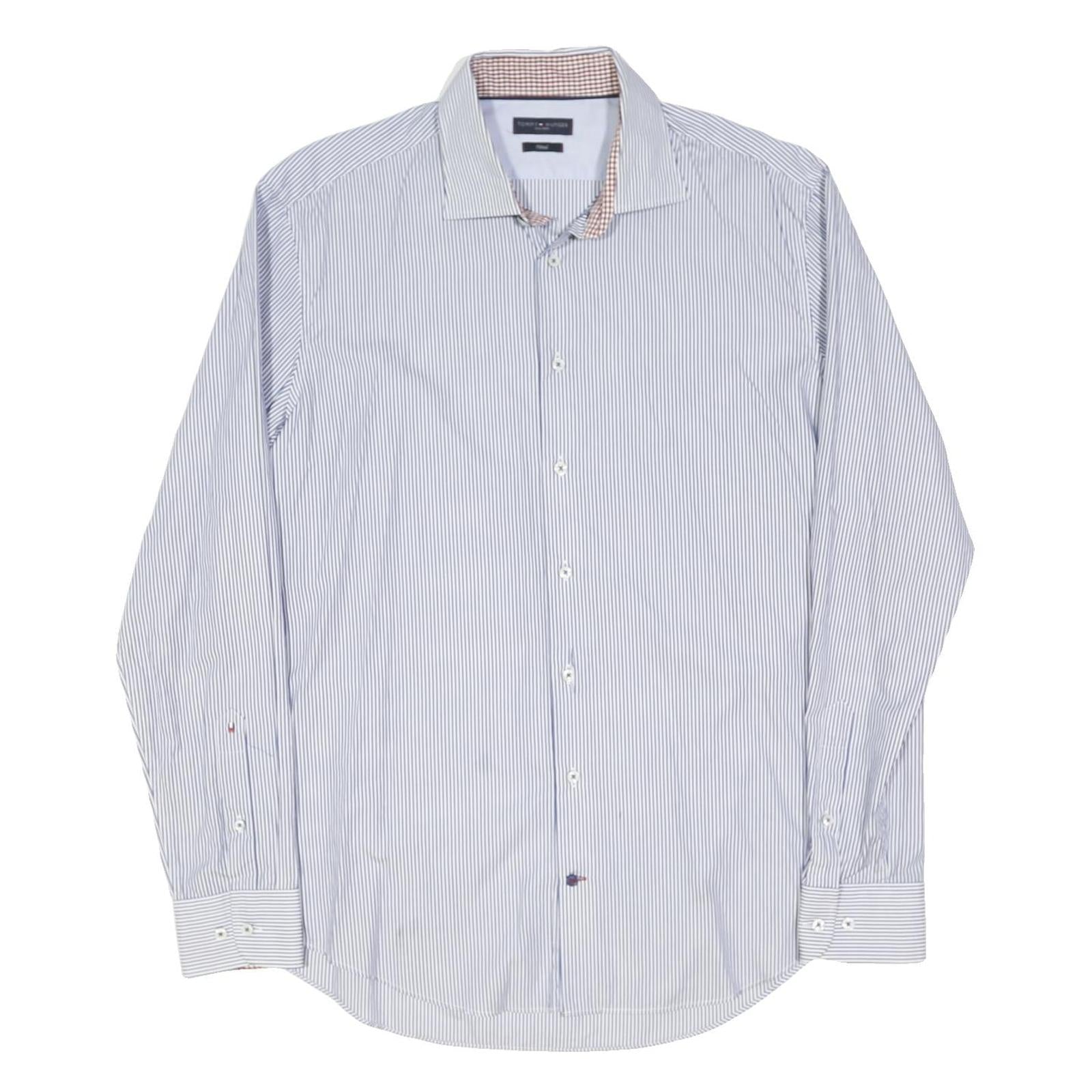 TOMMY HILFIGER Mens Blue & White Striped Shirt L Cotton Blend Classic Fit Long