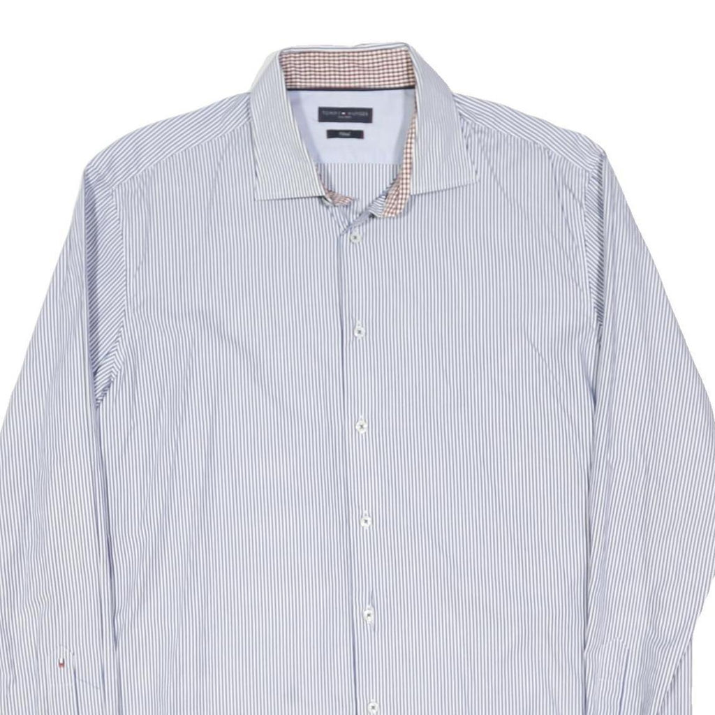 TOMMY HILFIGER Mens Blue & White Striped Shirt L Cotton Blend Classic Fit Long