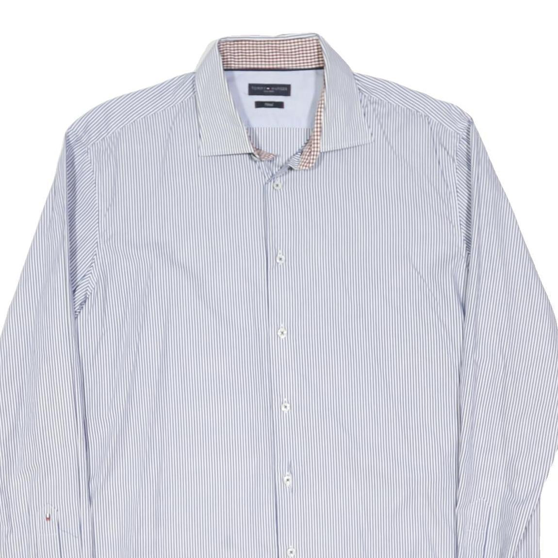 TOMMY HILFIGER Mens Blue & White Striped Shirt L Cotton Blend Classic Fit Long