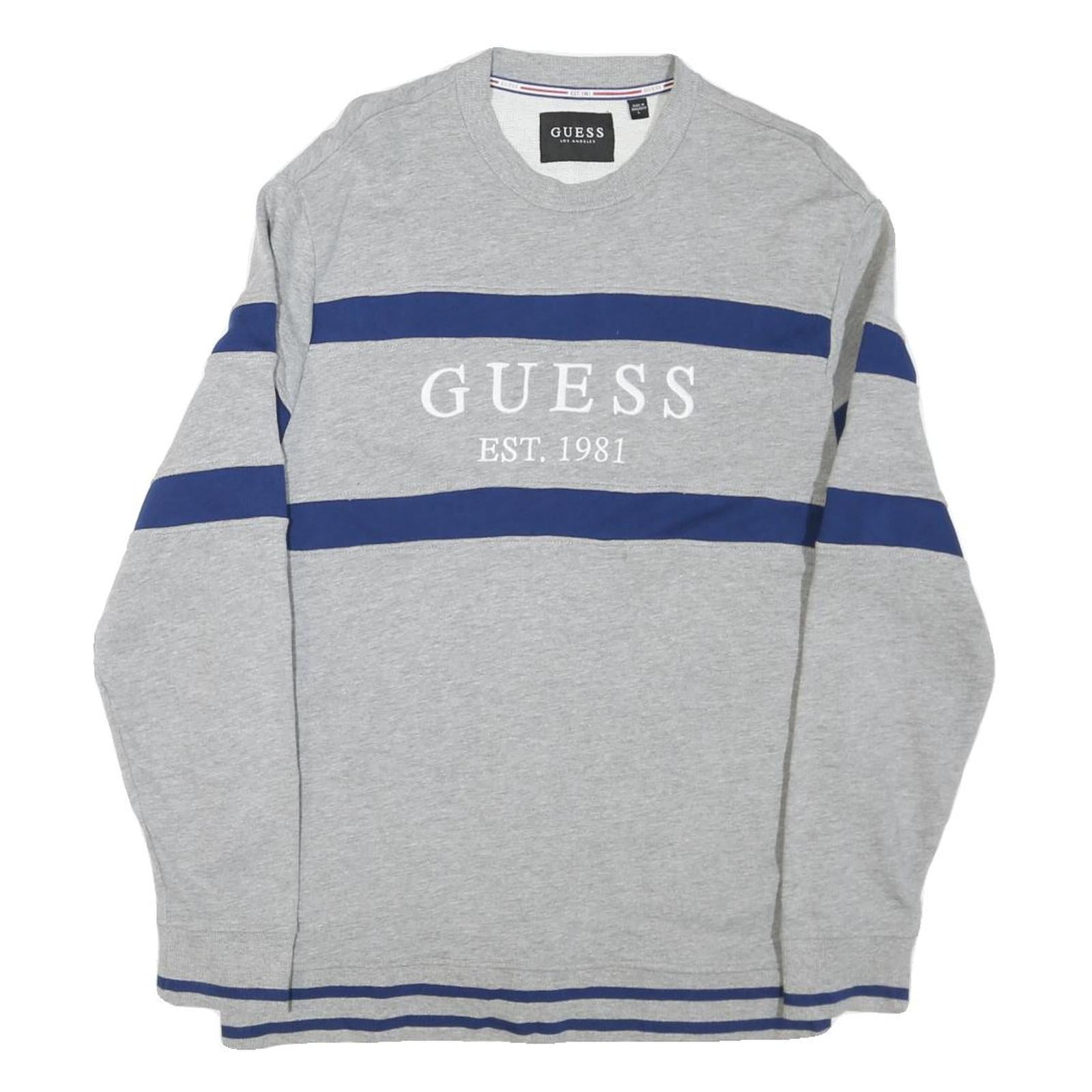 GUESS Mens Grey & Blue Sweatshirt Crew Neck L Cotton Blend Casual Pullover