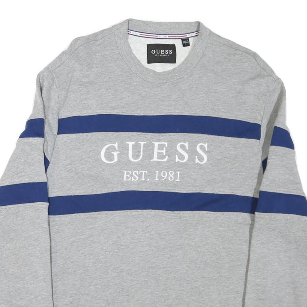 GUESS Mens Grey & Blue Sweatshirt Crew Neck L Cotton Blend Casual Pullover