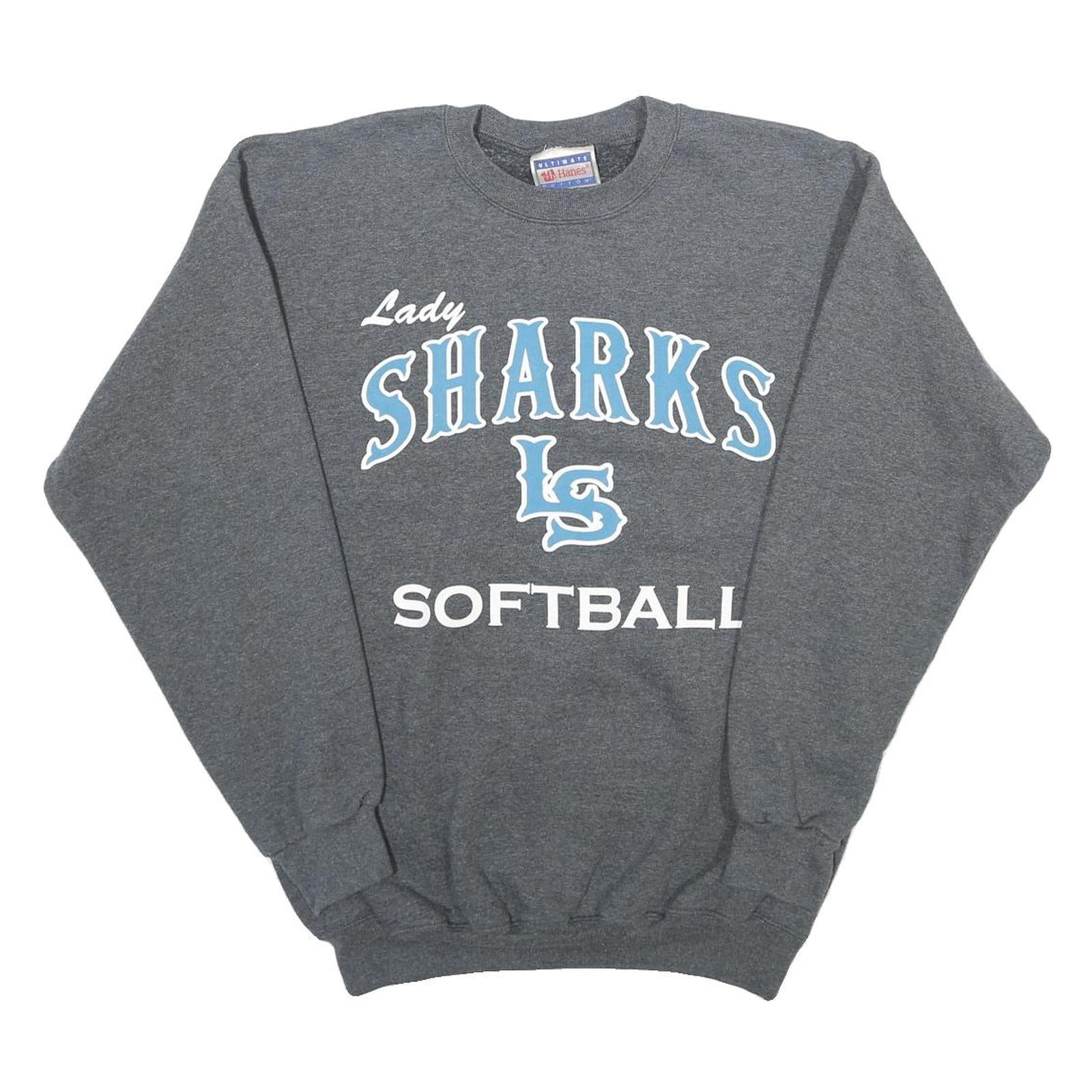 HANES Mens Grey Lady Sharks LS Softball Crew Neck S Sweatshirt Cotton Blend