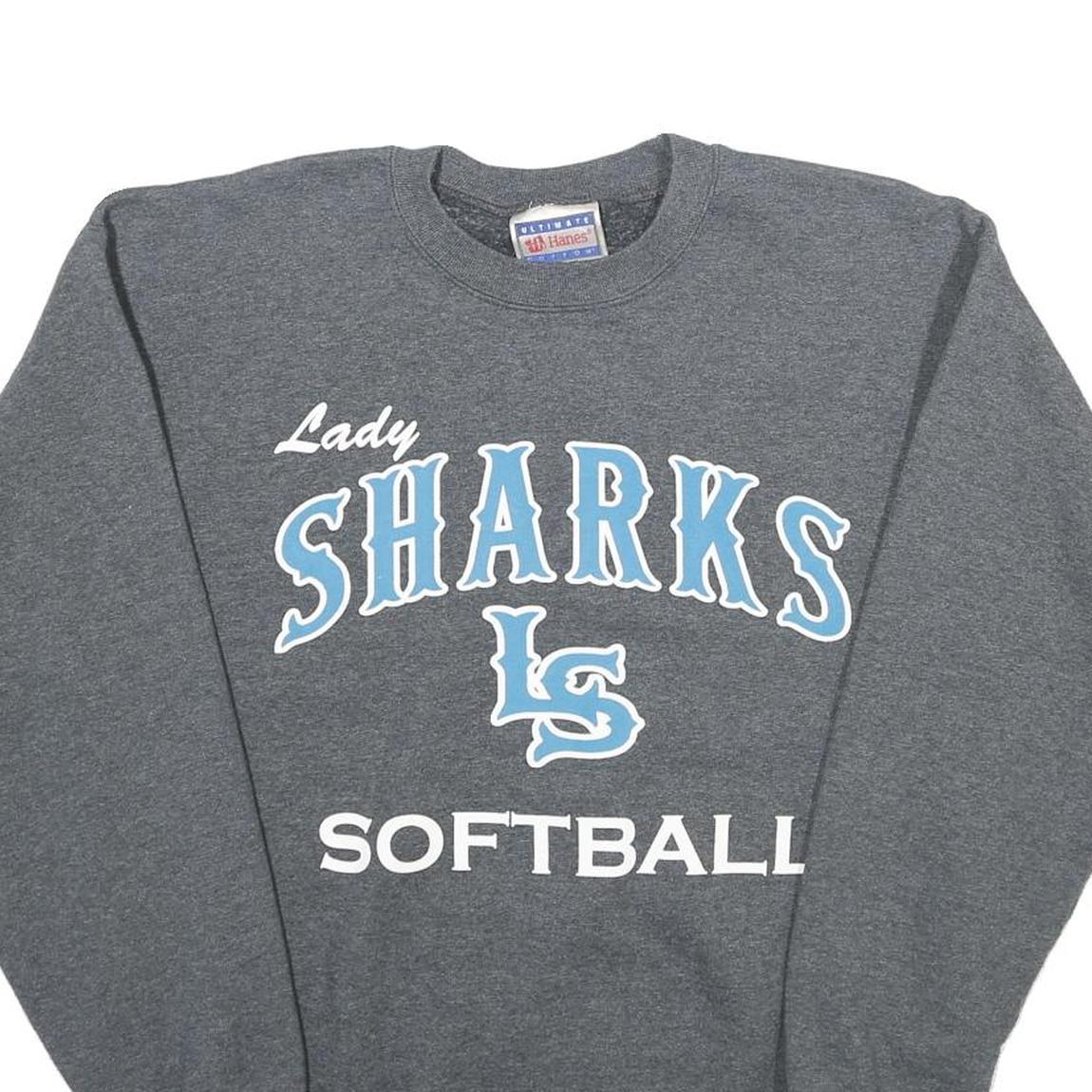 HANES Mens Grey Lady Sharks LS Softball Crew Neck S Sweatshirt Cotton Blend