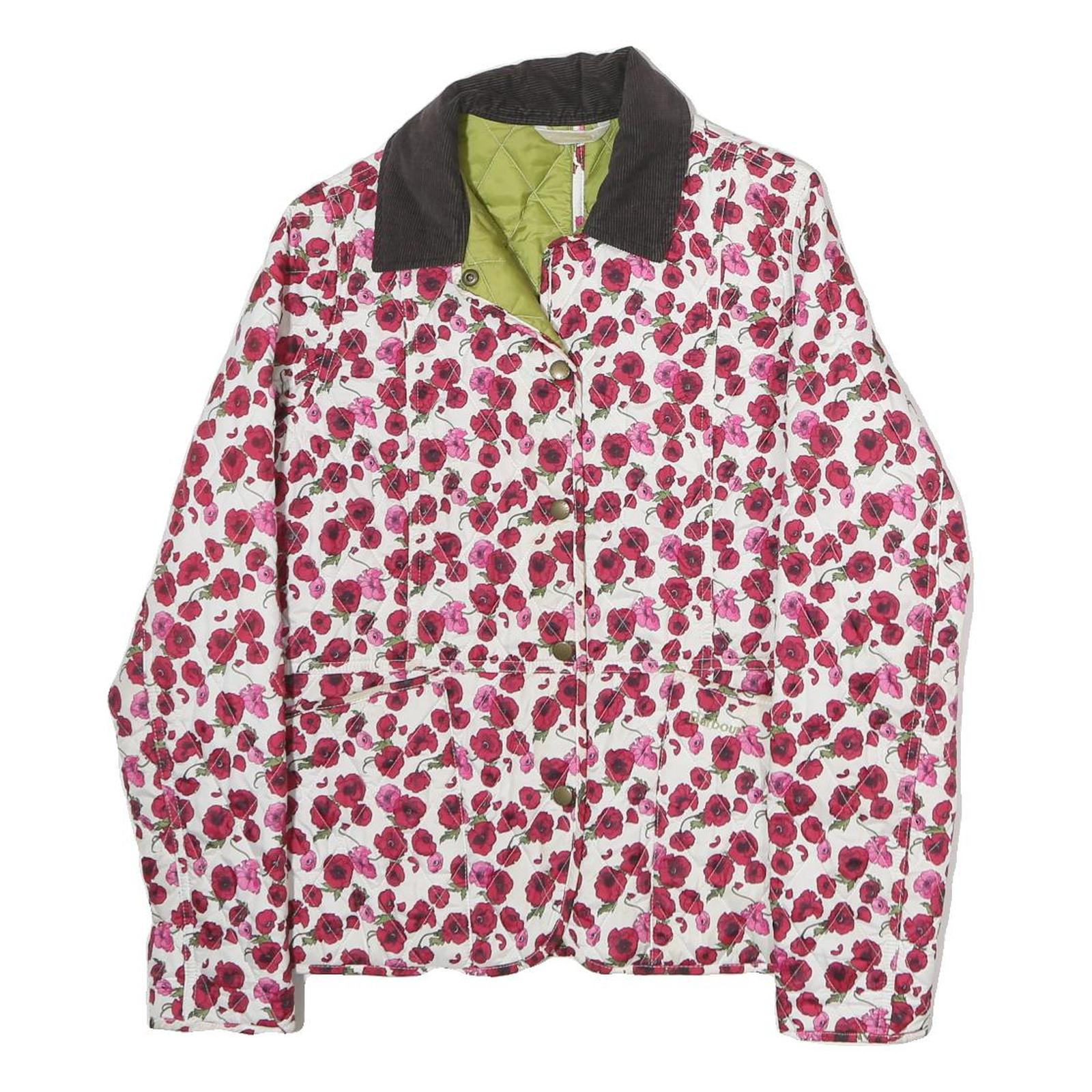 Womens White & Pink Floral Quilted Polyester Zip Jacket M Corduroy Collar