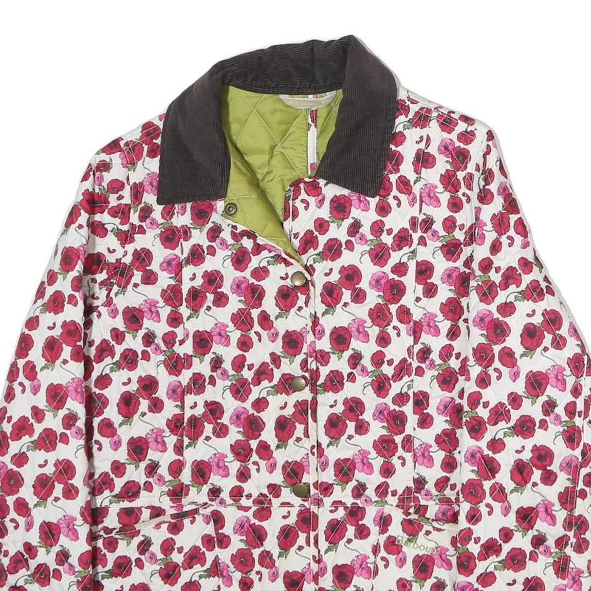 Womens White & Pink Floral Quilted Polyester Zip Jacket M Corduroy Collar