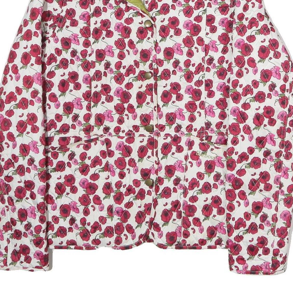 Womens White & Pink Floral Quilted Polyester Zip Jacket M Corduroy Collar