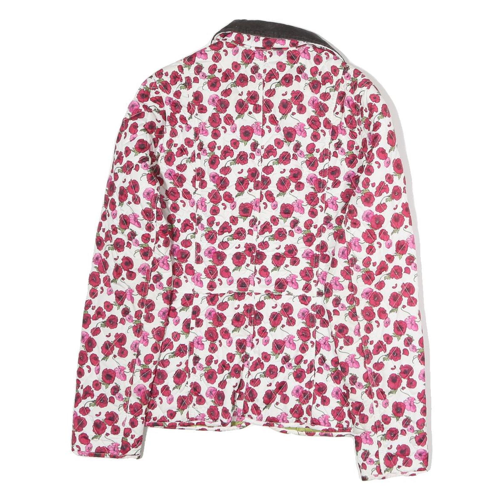Womens White & Pink Floral Quilted Polyester Zip Jacket M Corduroy Collar