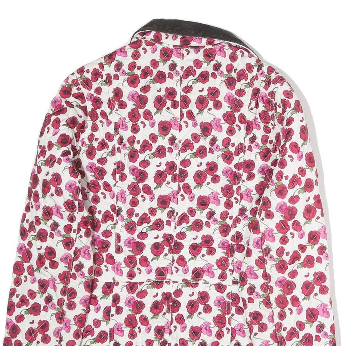 Womens White & Pink Floral Quilted Polyester Zip Jacket M Corduroy Collar