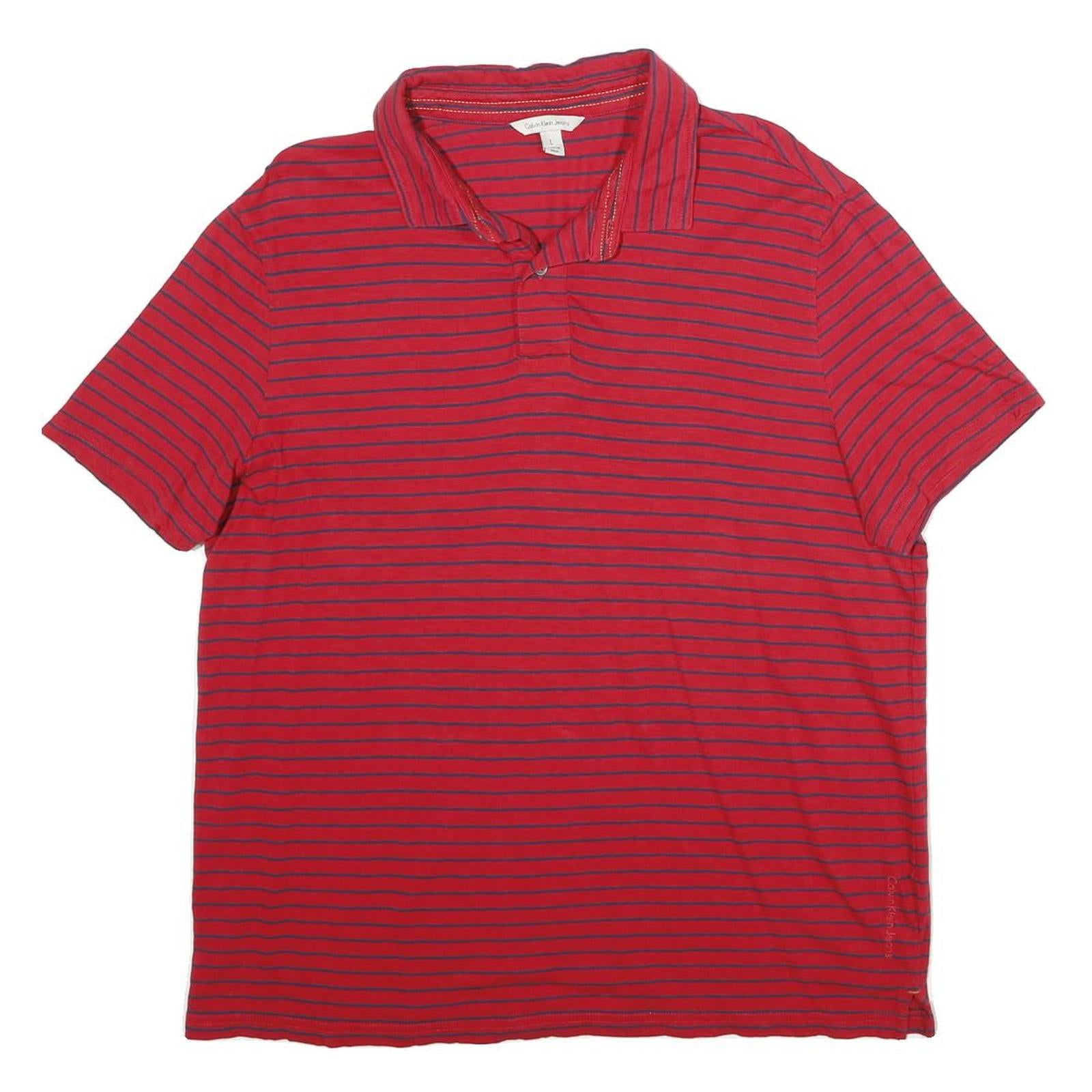 CALVIN KLEIN JEANS Mens Red & Navy Striped Short Sleeve Polo Shirt L Cotton