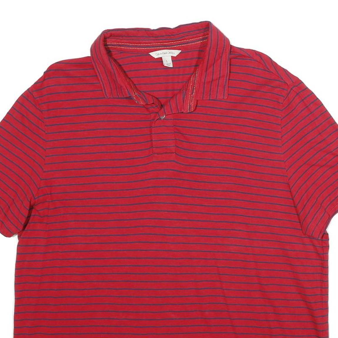 CALVIN KLEIN JEANS Mens Red & Navy Striped Short Sleeve Polo Shirt L Cotton