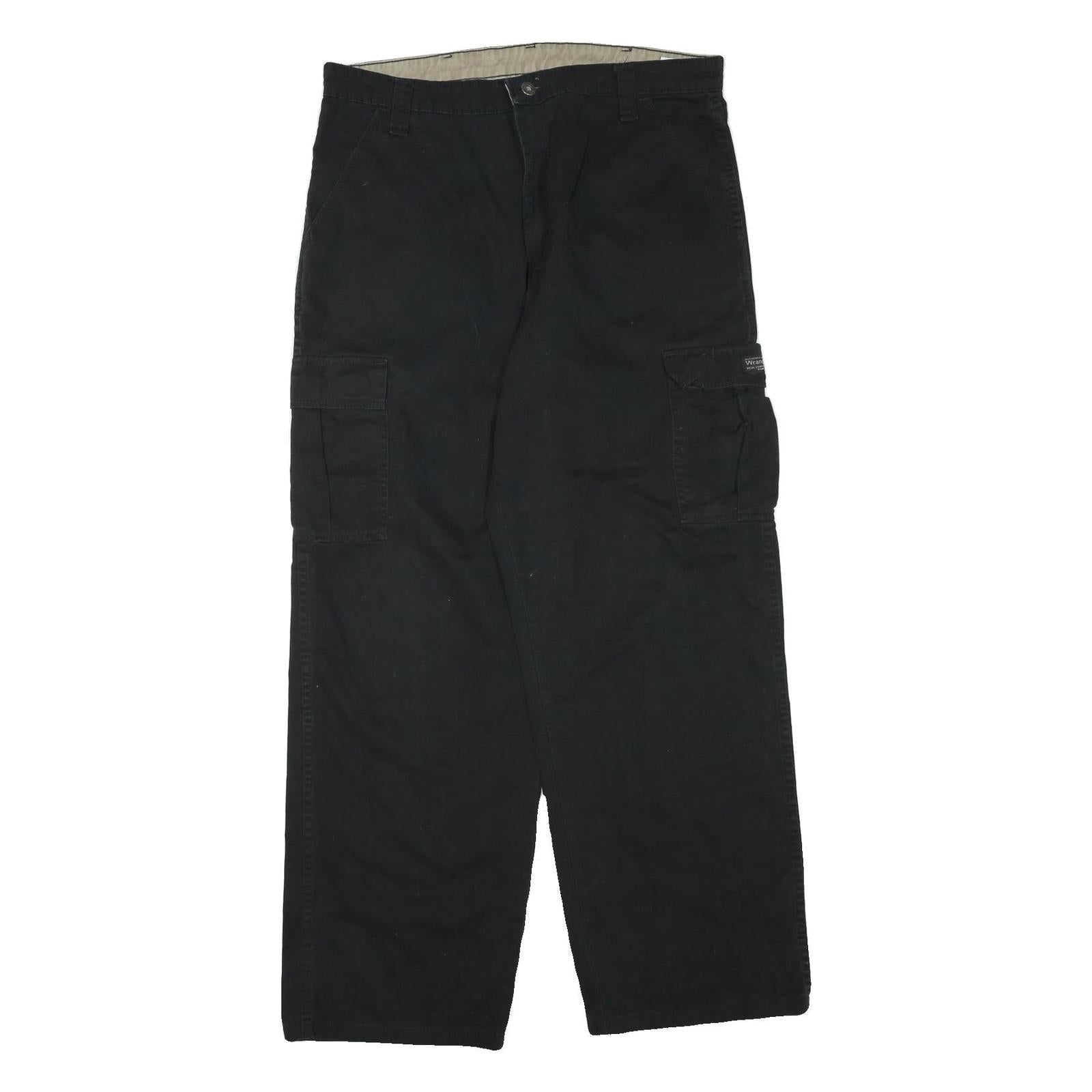WRANGLER Mens Black Cargo Regular Fit Cotton Blend Trousers W36 L32 Pocketed