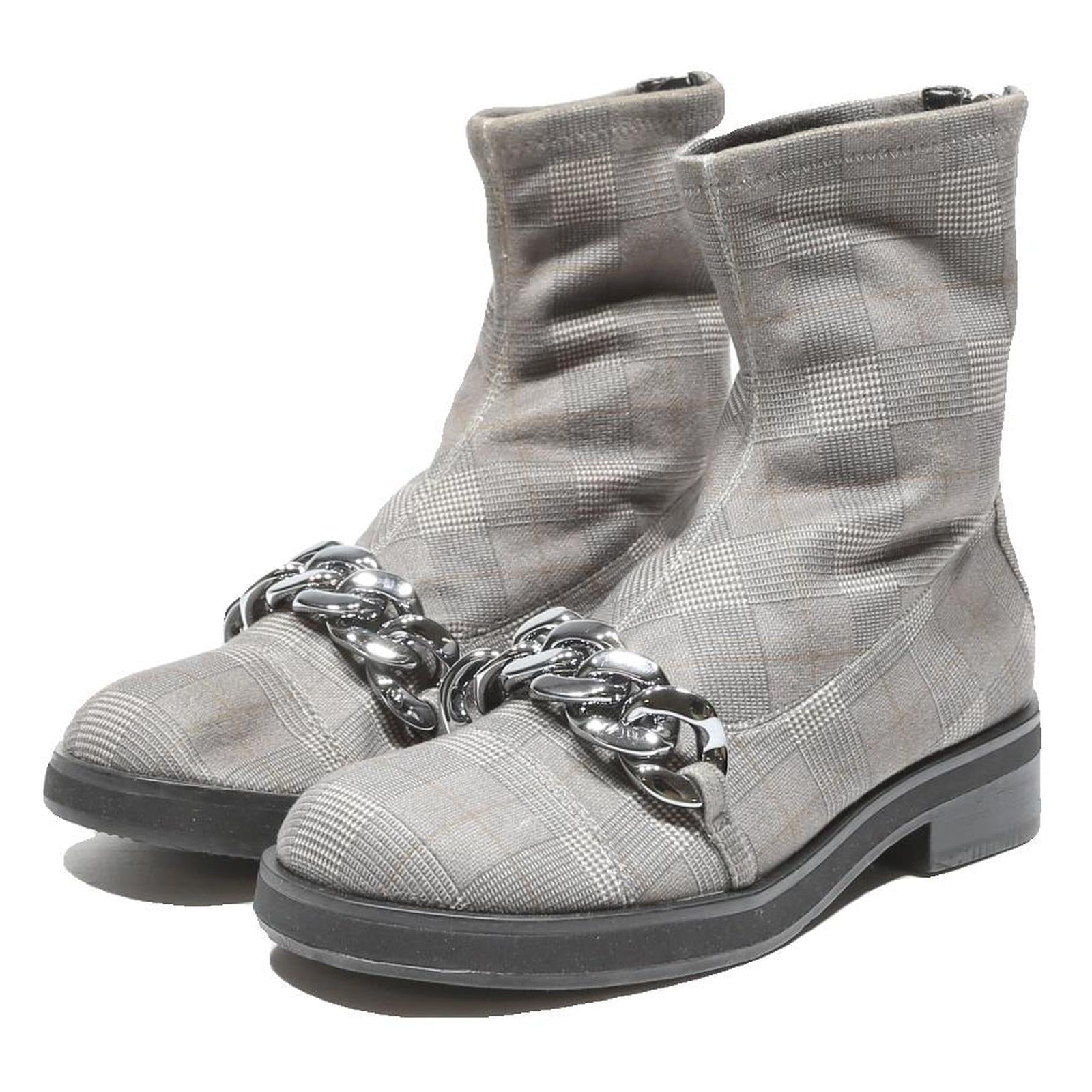 CHARLES & KEITH Womens Chelsea Boots Grey Check Synthetic UK 3 Chain Detail
