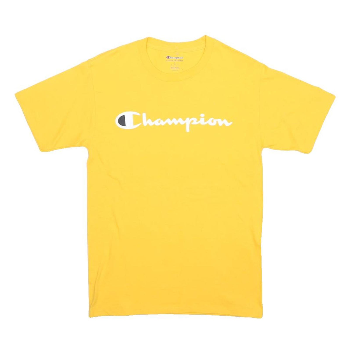 CHAMPION Mens Yellow Graphic T-Shirt S Short Sleeve Crew Neck Cotton Blend