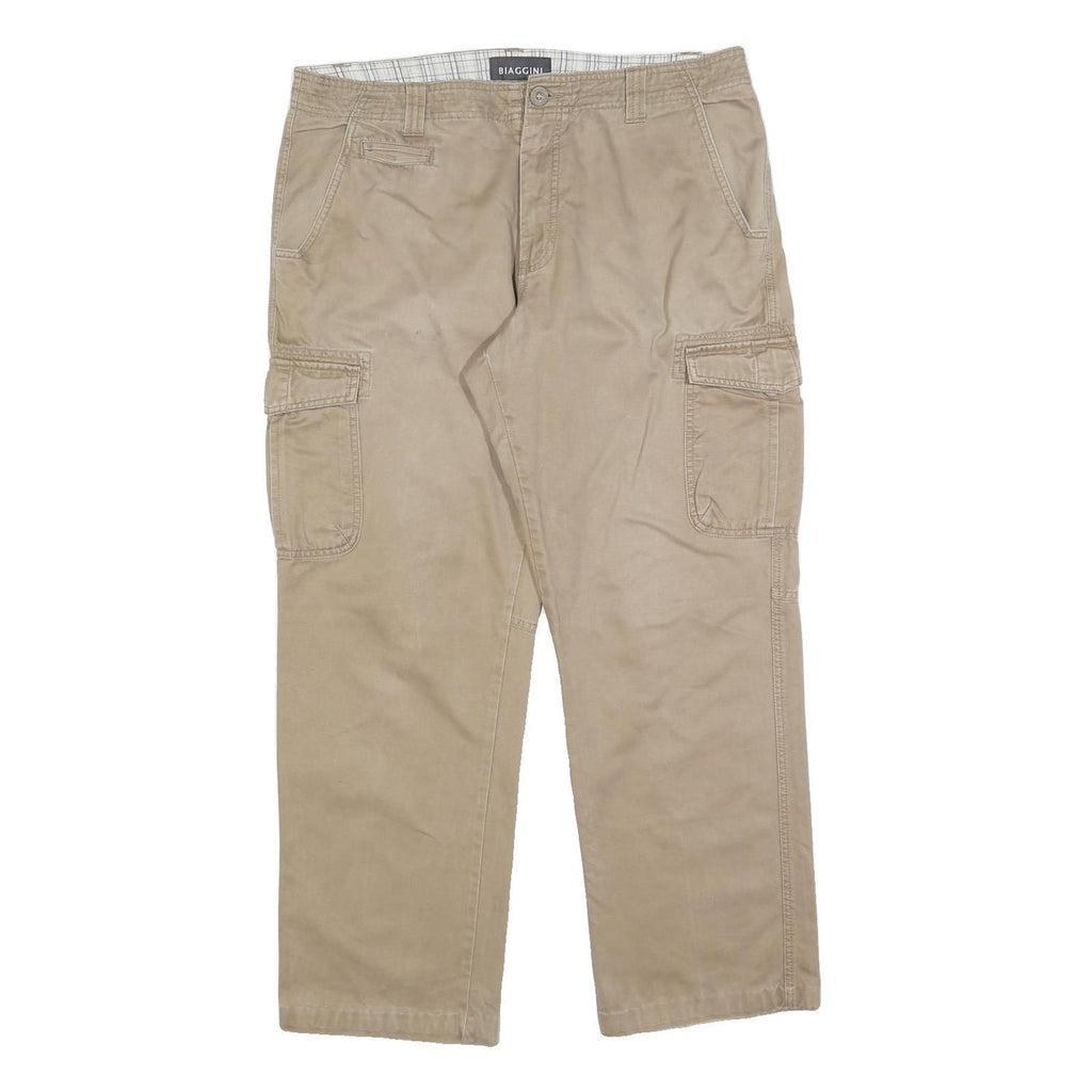 BIAGGINI Mens Cotton Blend Beige Regular Cargo Trousers W36 L30 Casual Zip Fit