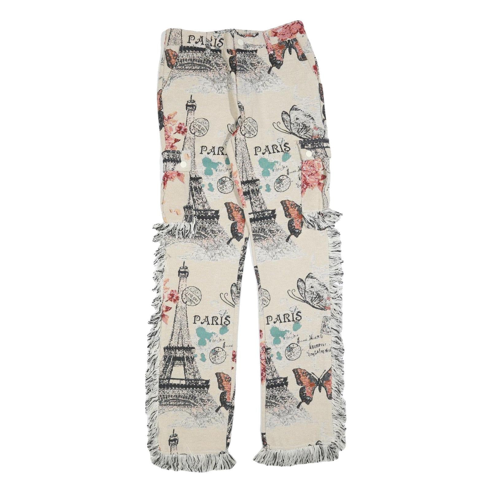 Womens Cotton Cream Floral Paris Print Regular Straight Trousers W30 L33 Fringed