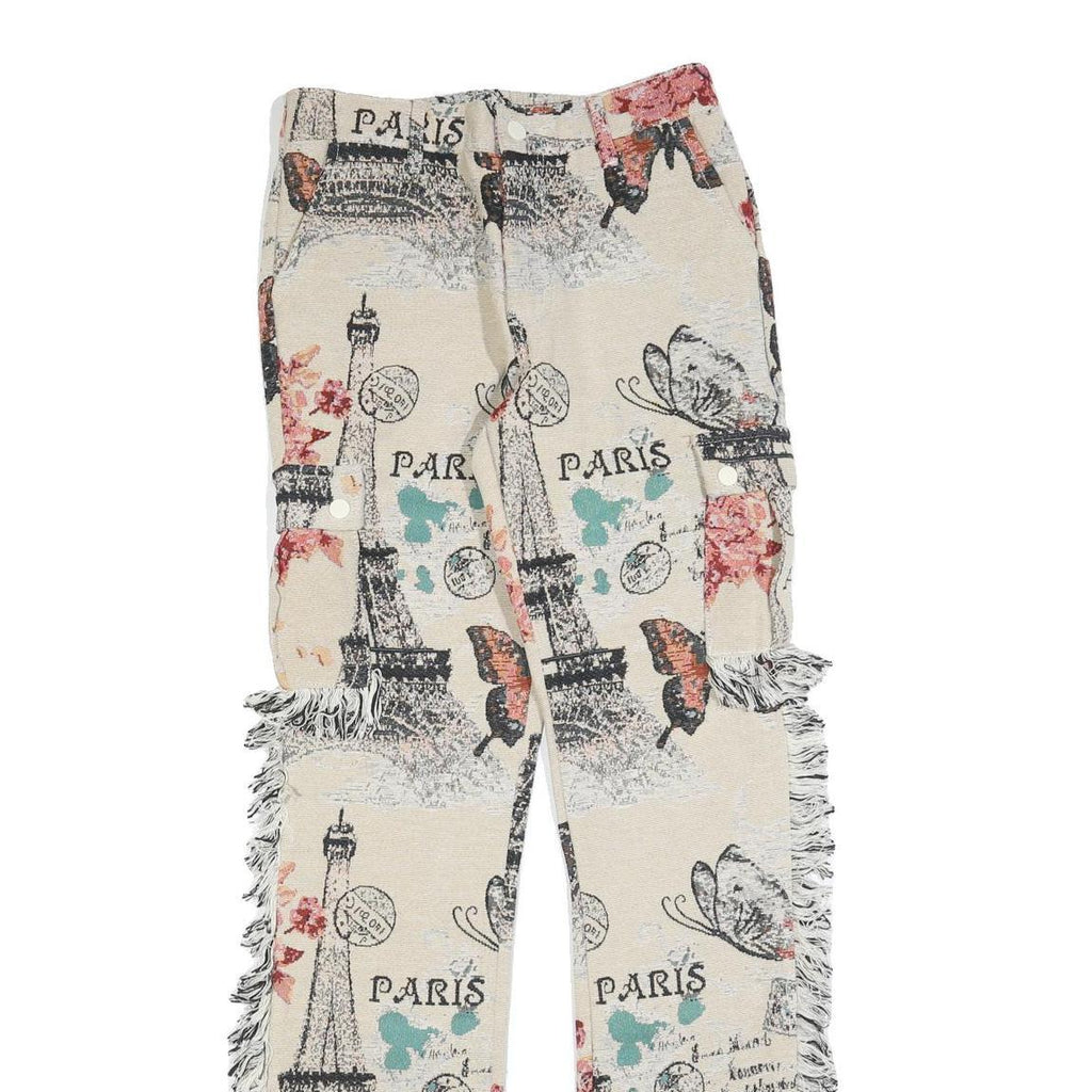 Womens Cotton Cream Floral Paris Print Regular Straight Trousers W30 L33 Fringed
