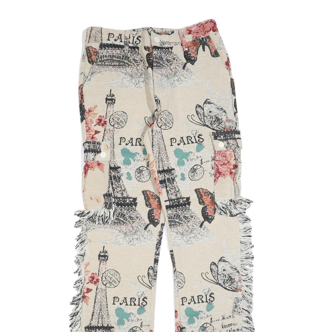 Womens Cotton Cream Floral Paris Print Regular Straight Trousers W30 L33 Fringed