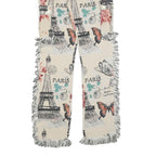 Womens Cotton Cream Floral Paris Print Regular Straight Trousers W30 L33 Fringed
