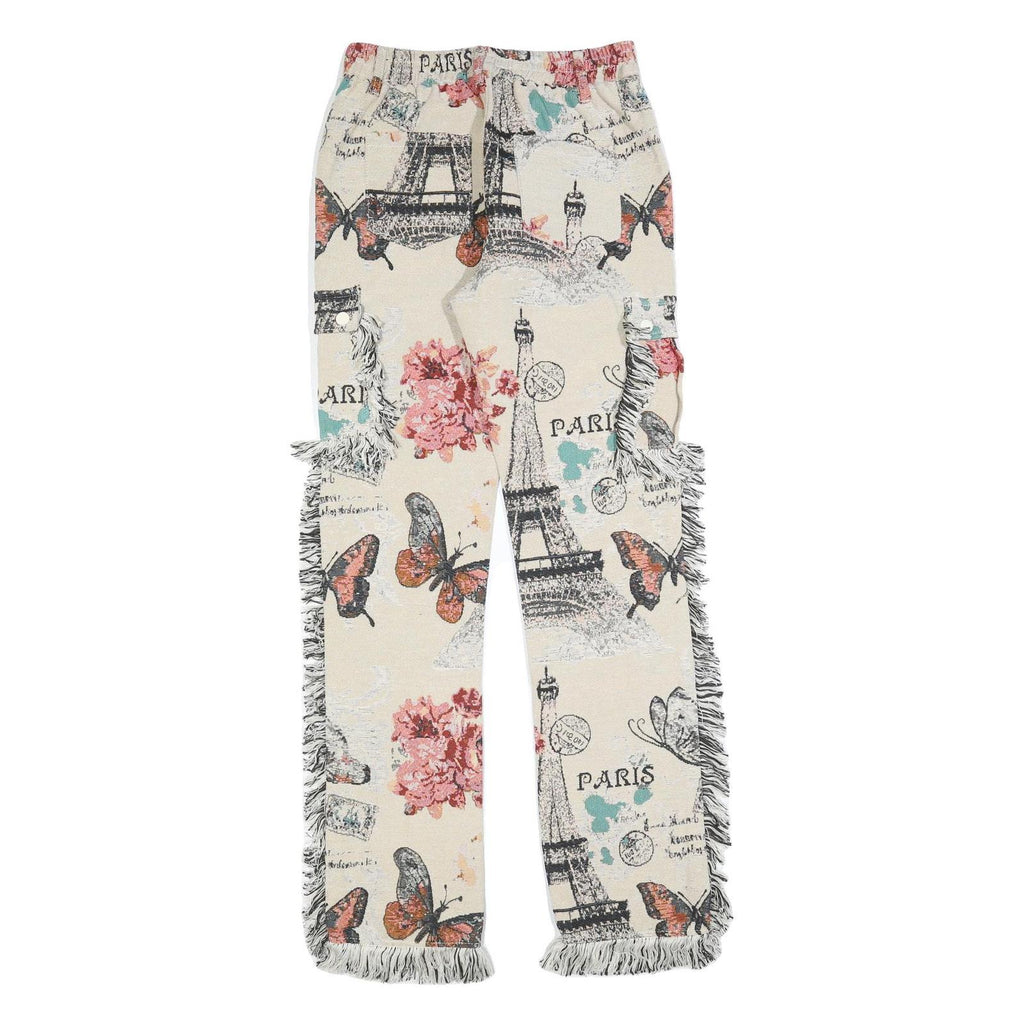 Womens Cotton Cream Floral Paris Print Regular Straight Trousers W30 L33 Fringed